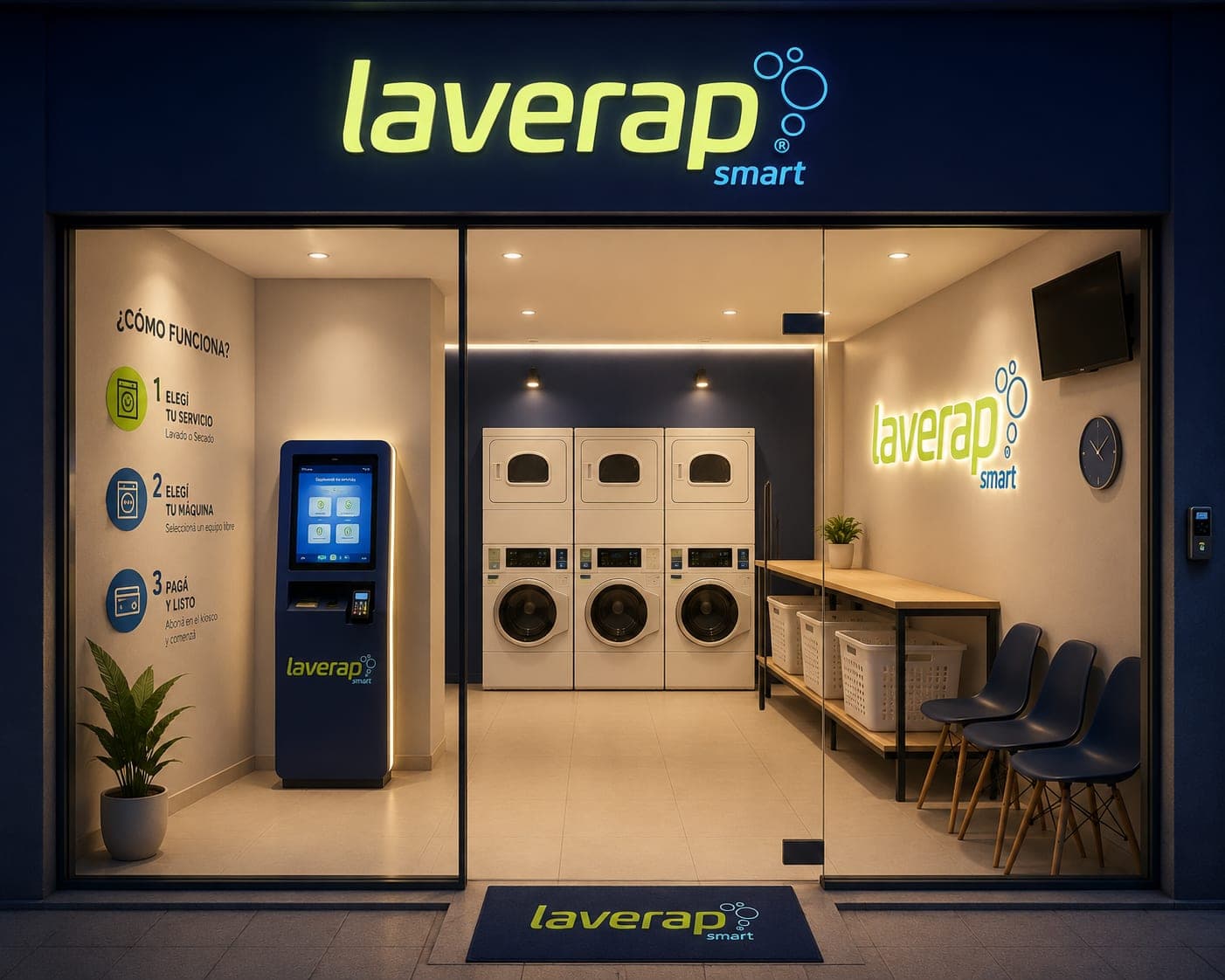 Local Laverap Smart de noche, con el kiosco de autogestión en la vidriera